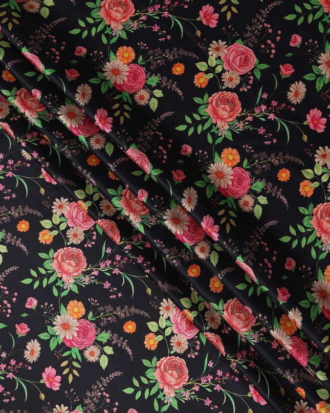 Jet Black Bouquet Floral Silk Satin Fabric 110cm
