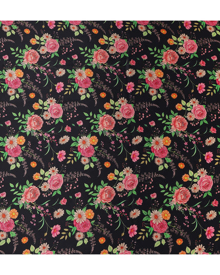 Jet Black Bouquet Floral Silk Satin Fabric 110cm