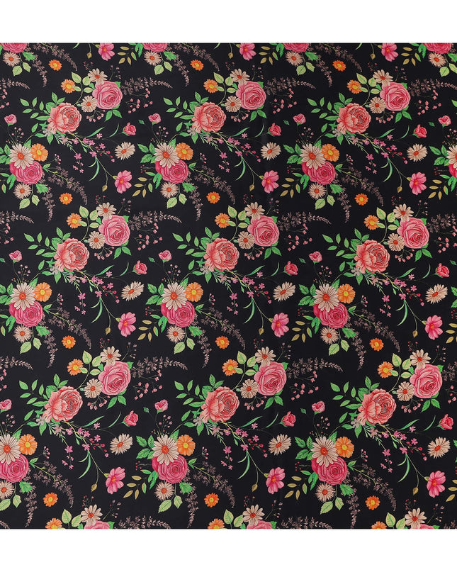 Jet Black Bouquet Floral Silk Satin Fabric 110cm