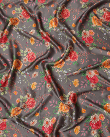 Charcoal Grey Bouquet Floral Silk Satin Fabric 110cm