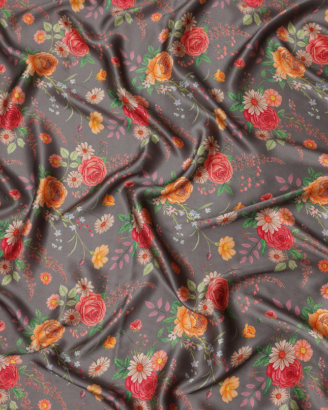 Charcoal Grey Bouquet Floral Silk Satin Fabric 110cm