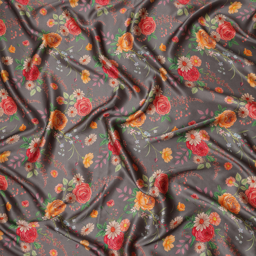 Charcoal Grey Bouquet Floral Silk Satin Fabric 110cm