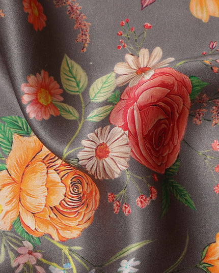 Charcoal Grey Bouquet Floral Silk Satin Fabric 110cm