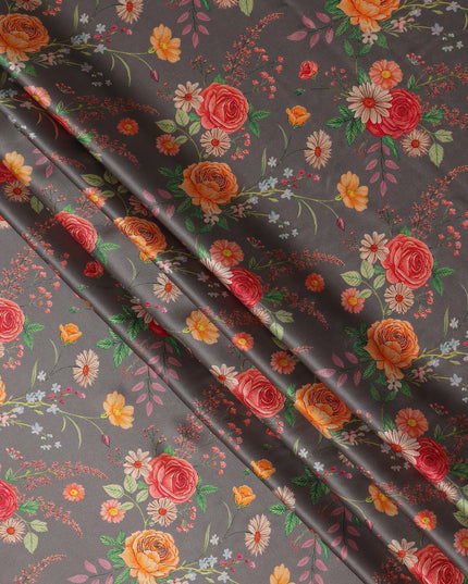 Charcoal Grey Bouquet Floral Silk Satin Fabric 110cm