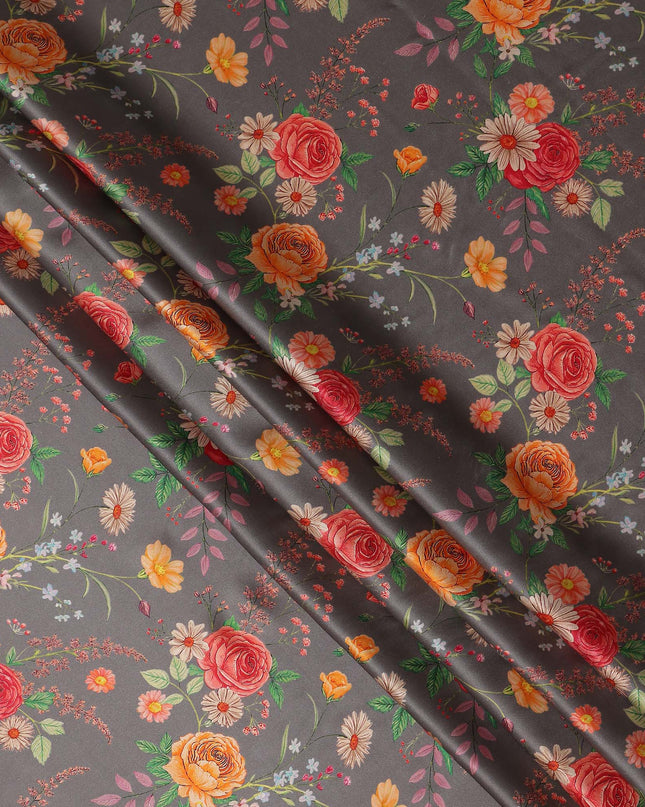Charcoal Grey Bouquet Floral Silk Satin Fabric 110cm