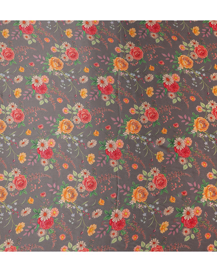 Charcoal Grey Bouquet Floral Silk Satin Fabric 110cm
