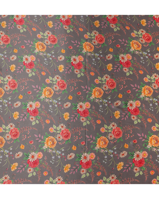 Charcoal Grey Bouquet Floral Silk Satin Fabric 110cm