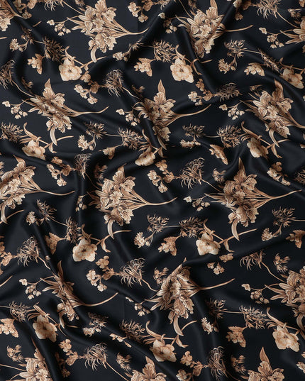 Jet Black Beige Lily Floral Pure Silk Chiffon Fabric