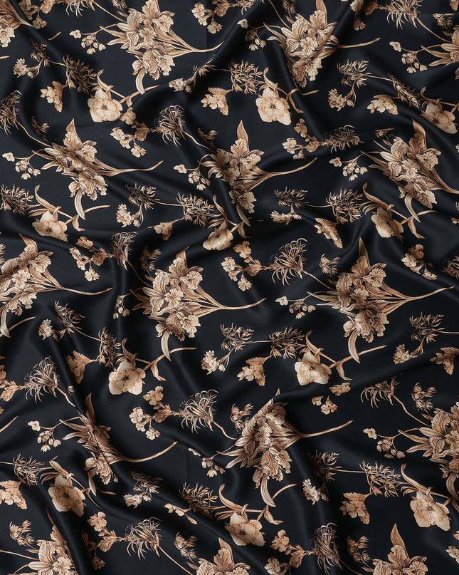 Jet Black Beige Lily Floral Pure Silk Chiffon Fabric