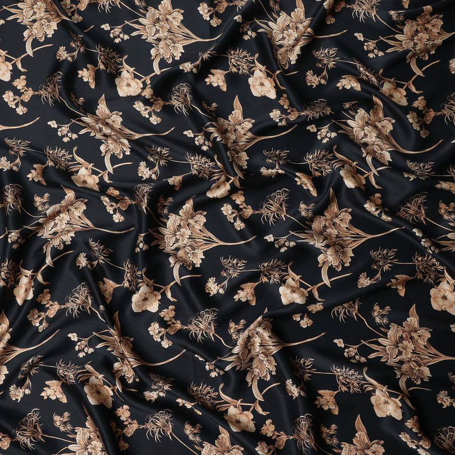 Jet Black Beige Lily Floral Pure Silk Chiffon Fabric