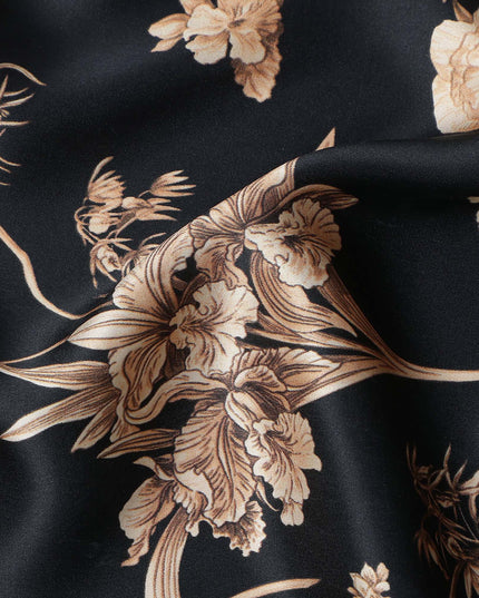 Jet Black Beige Lily Floral Pure Silk Chiffon Fabric