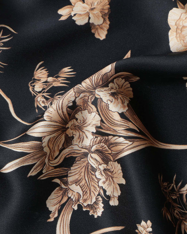 Jet Black Beige Lily Floral Pure Silk Chiffon Fabric
