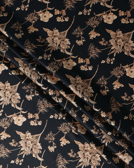 Jet Black Beige Lily Floral Pure Silk Chiffon Fabric