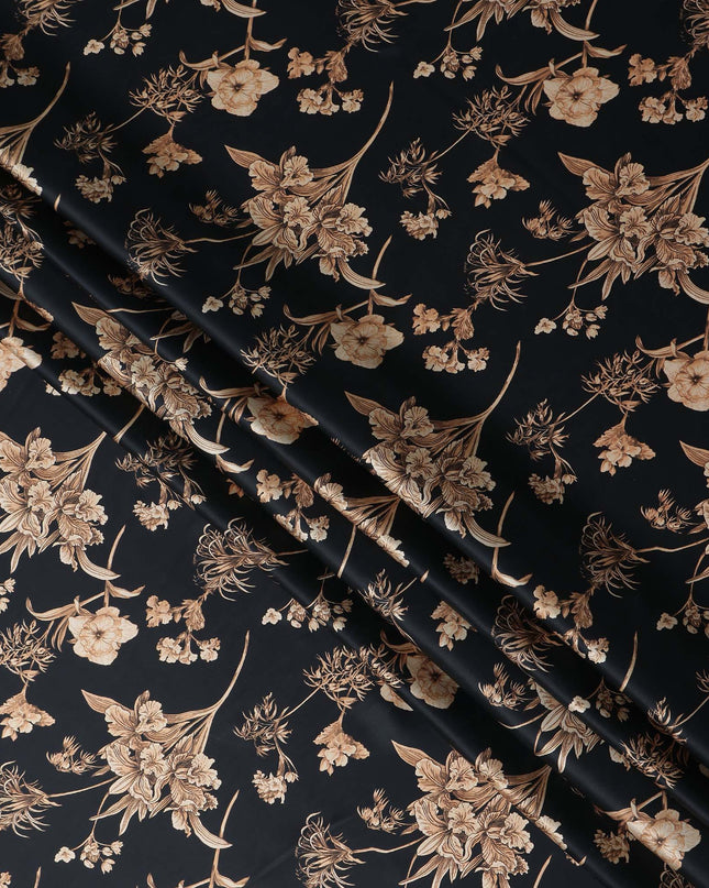 Jet Black Beige Lily Floral Pure Silk Chiffon Fabric