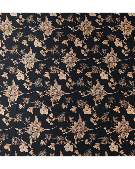 Jet Black Beige Lily Floral Pure Silk Chiffon Fabric