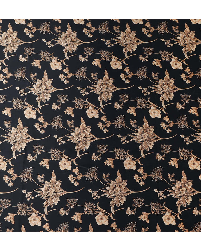 Jet Black Beige Lily Floral Pure Silk Chiffon Fabric