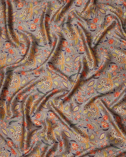 Warm Taupe Leaf Print Silk Satin Fabric 110cm