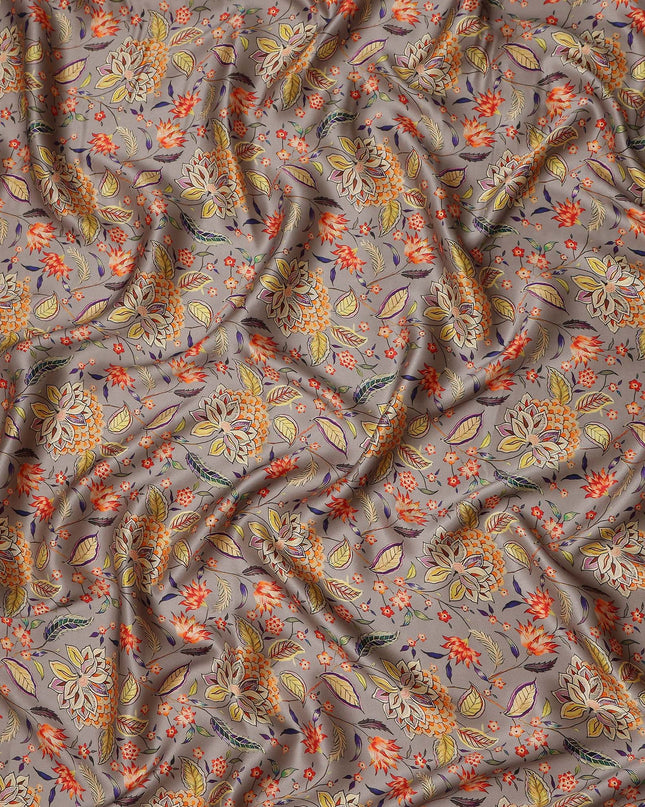 Warm Taupe Leaf Print Silk Satin Fabric 110cm