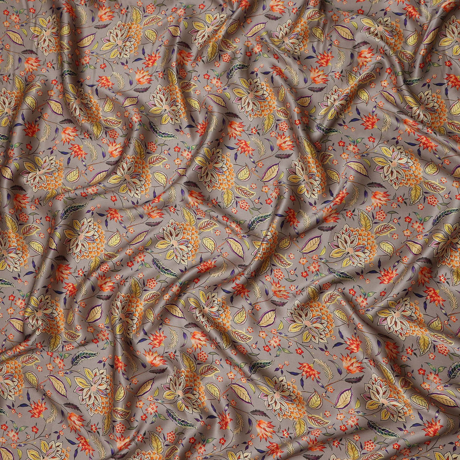 Warm Taupe Leaf Print Silk Satin Fabric 110cm