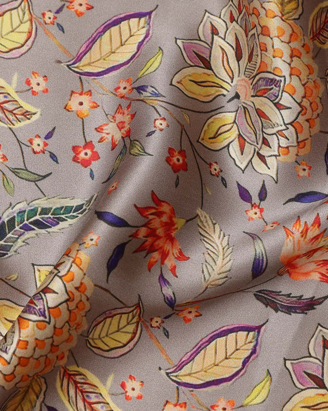 Warm Taupe Leaf Print Silk Satin Fabric 110cm