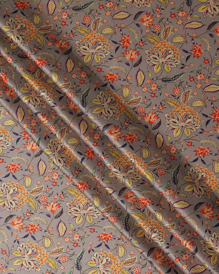 Warm Taupe Leaf Print Silk Satin Fabric 110cm
