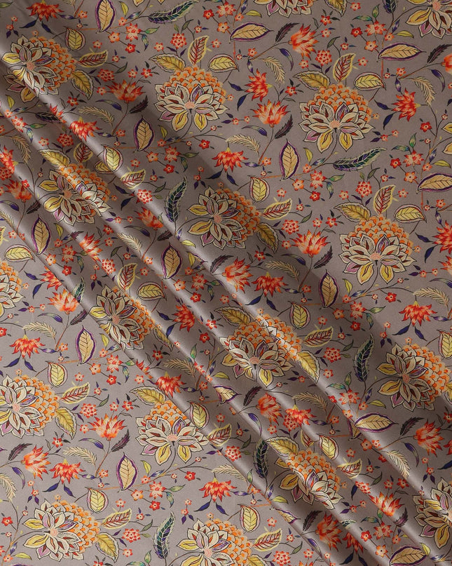 Warm Taupe Leaf Print Silk Satin Fabric 110cm