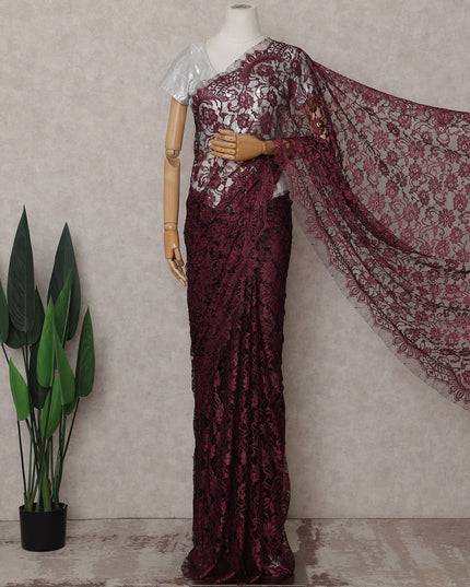 Wine Red French Chantilly Lace Saree