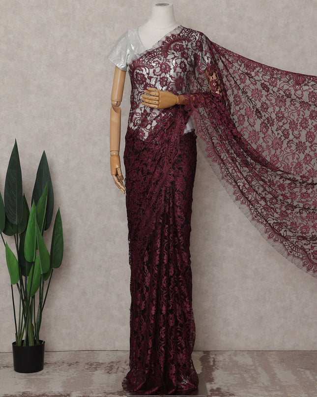 Wine Red French Chantilly Lace Saree