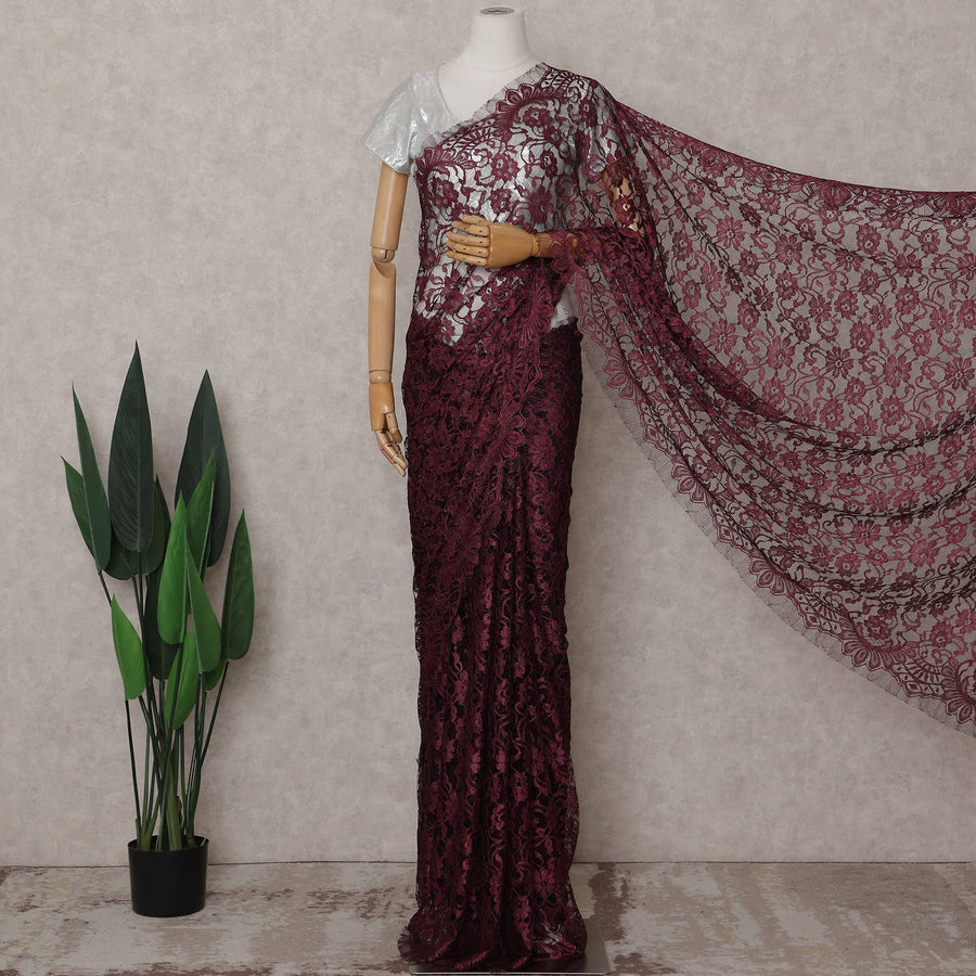 Wine Red French Chantilly Lace Saree