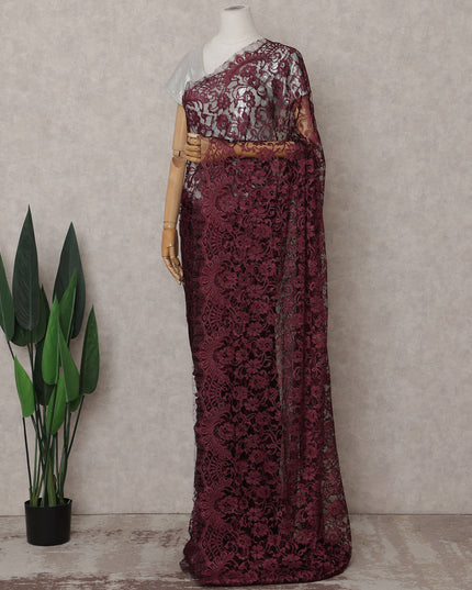 Wine Red French Chantilly Lace Saree