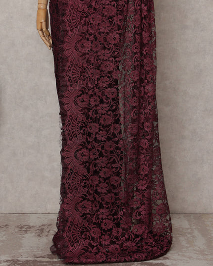 Wine Red French Chantilly Lace Saree