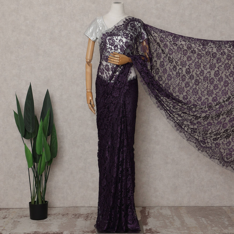 Deep Plum Purple French Lace Saree Piece