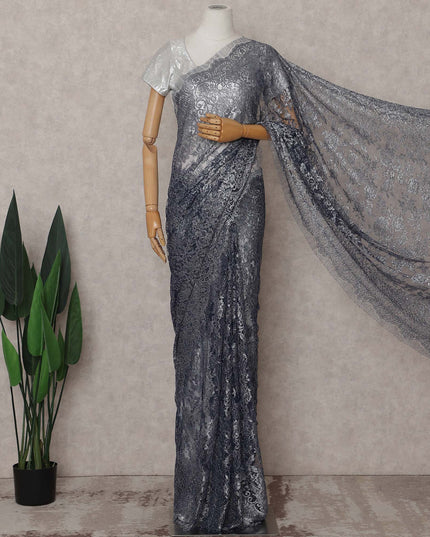 Gunmetal Grey French Metallic Lace Saree Fabric