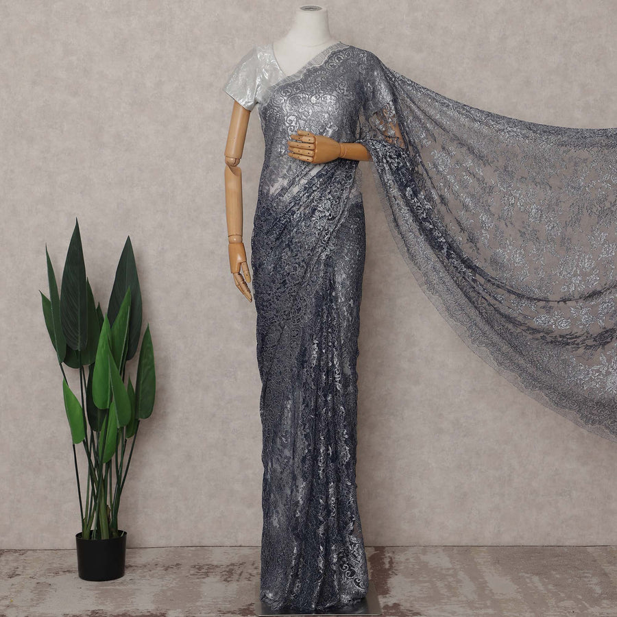 Gunmetal Grey French Metallic Lace Saree Fabric