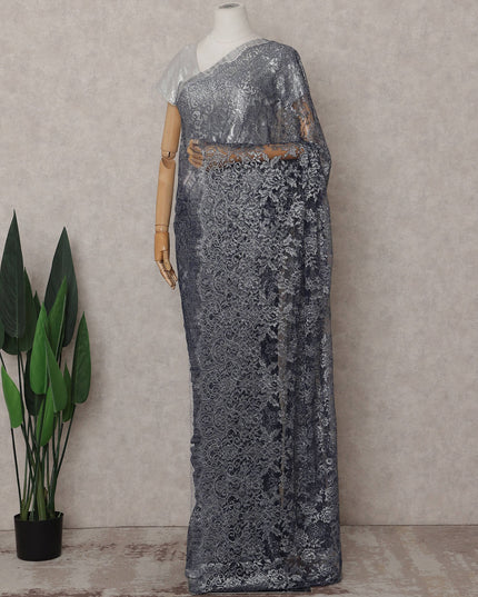 Gunmetal Grey French Metallic Lace Saree Fabric
