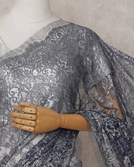 Gunmetal Grey French Metallic Lace Saree Fabric