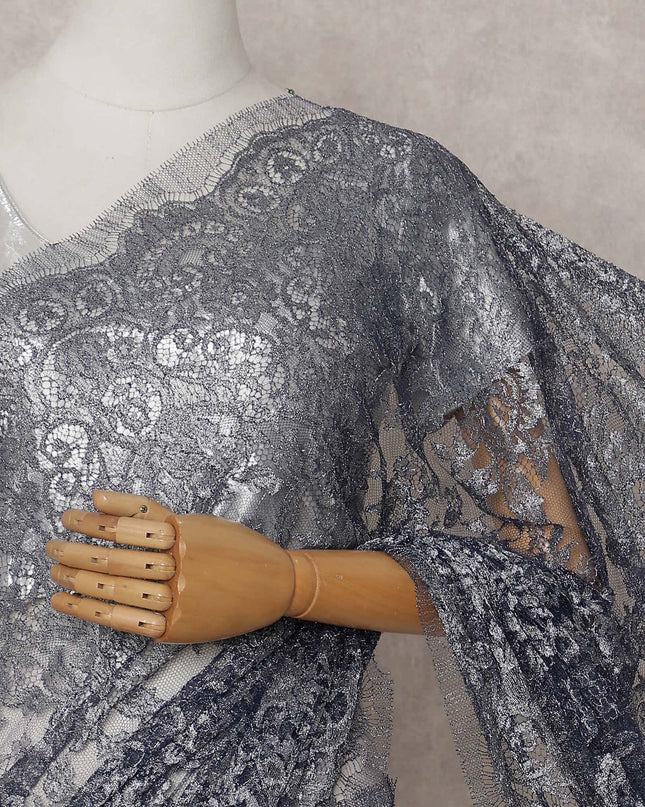 Gunmetal Grey French Metallic Lace Saree Fabric