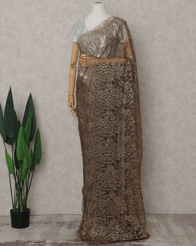 Antique Bronze Brown French Lace Saree Fabric