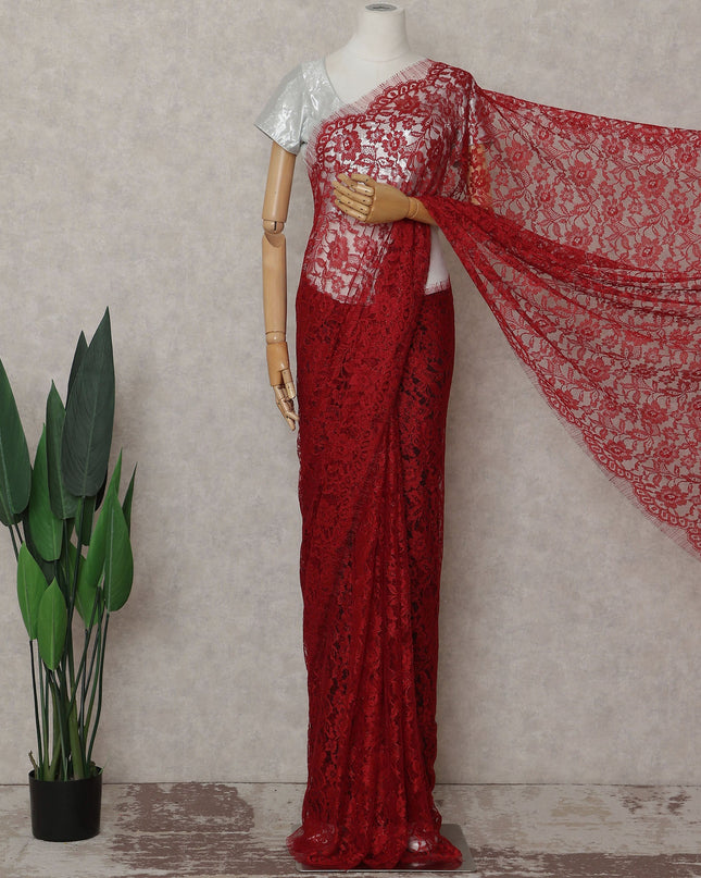 Crimson Red French Chantilly Lace Saree | Lurex