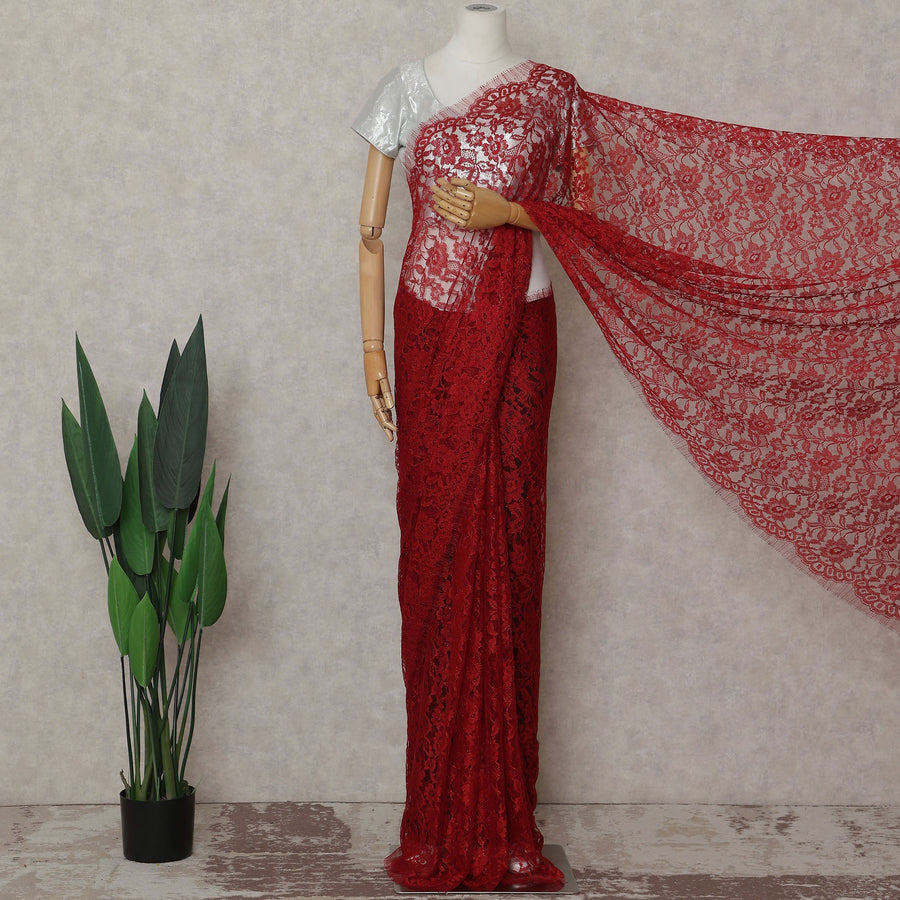 Crimson Red French Chantilly Lace Saree | Lurex