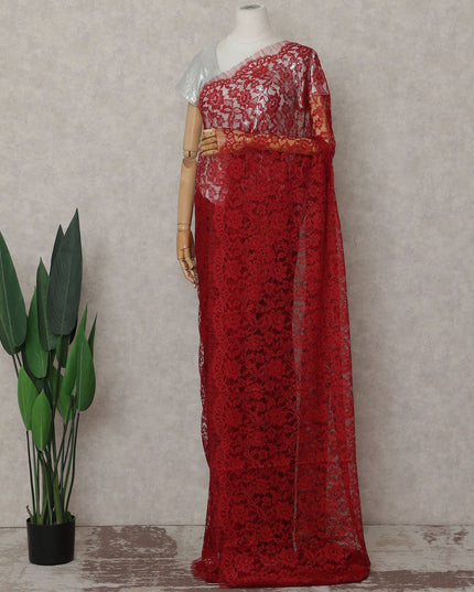 Crimson Red French Chantilly Lace Saree | Lurex