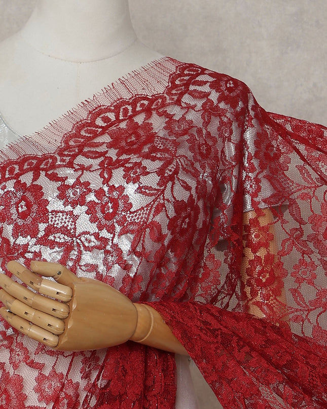 Crimson Red French Chantilly Lace Saree | Lurex