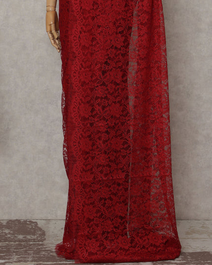 Crimson Red French Chantilly Lace Saree | Lurex