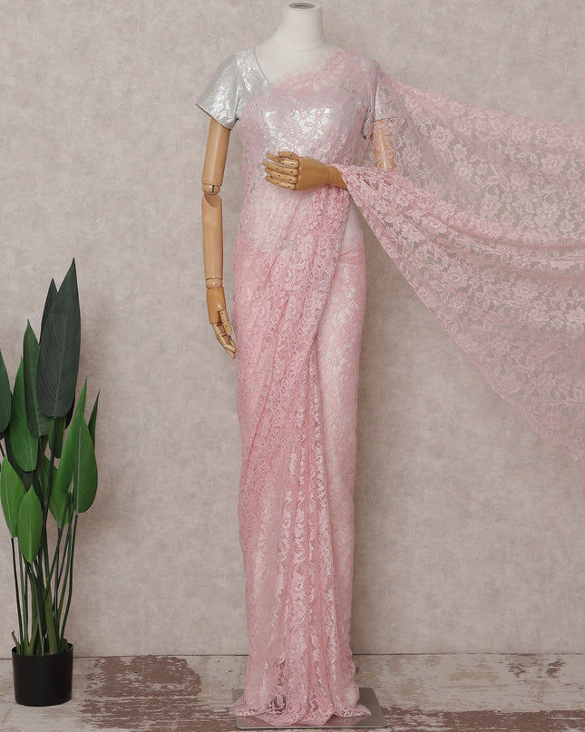 Blush Pink French Chantilly Lace Saree | Lurex