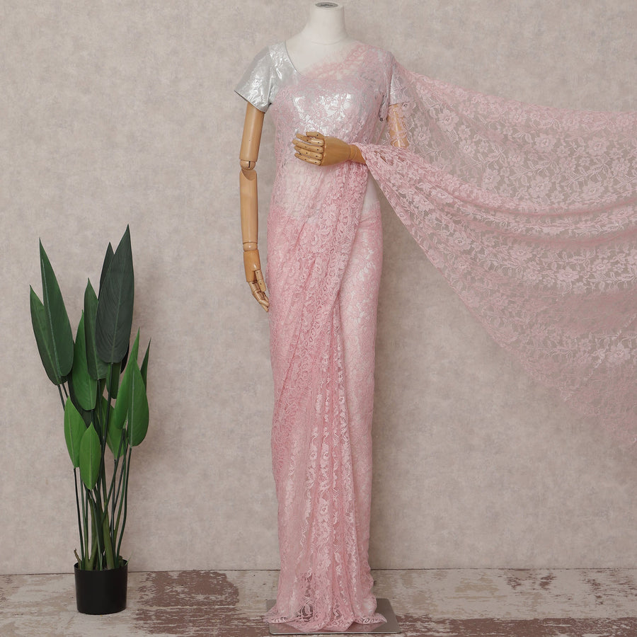 Blush Pink French Chantilly Lace Saree | Lurex