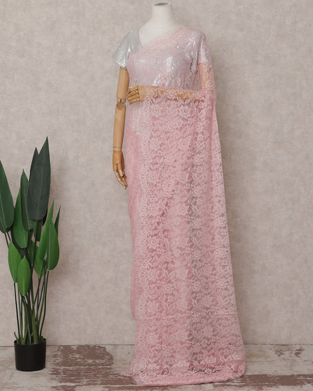 Blush Pink French Chantilly Lace Saree | Lurex