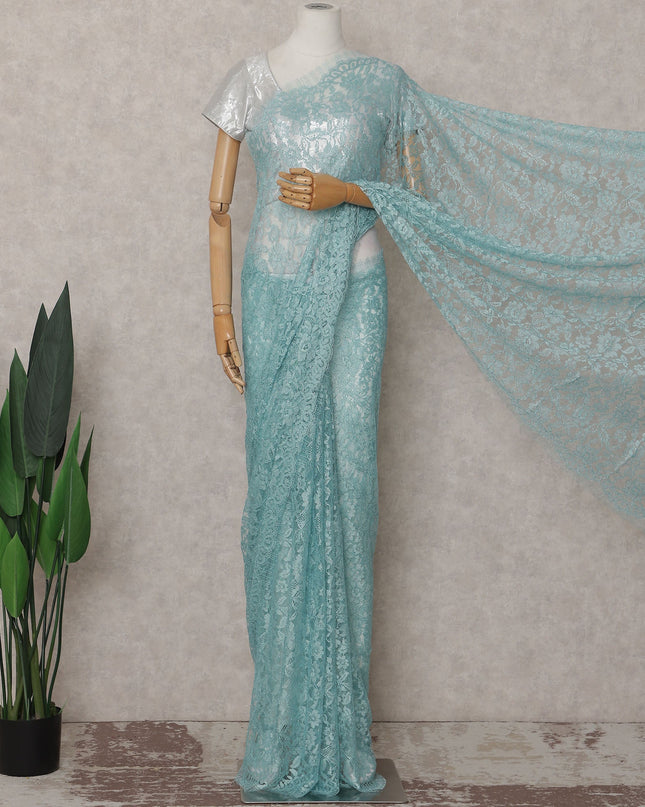Turquoise Blue French Chantilly Lace Saree | Lurex