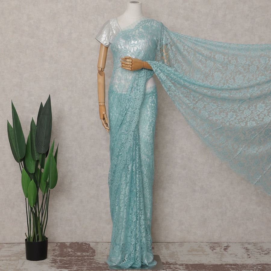 Turquoise Blue French Chantilly Lace Saree | Lurex