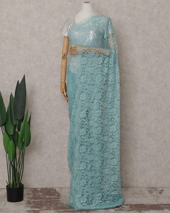 Turquoise Blue French Chantilly Lace Saree | Lurex