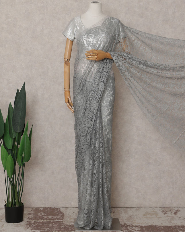 Silver Grey French Chantilly Lace Saree | Lurex